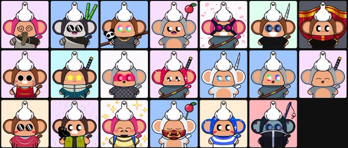 A grid of 19 colorful, stylized monkey characters wearing various outfits and accessories, with one featuring a small white duck (Mr. Quack) perched on top of its head, highlighting the rare "Mr. Quack" trait from the ChimpersHQ NFT collection.
