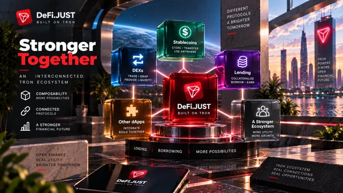 A DeFiJUST 'Stronger Together' promotional graphic showcases an interconnected Tron ecosystem with various dApps including Stablecoins, DEXes, Lending, and Other dApps arranged around the central logo, set against a futuristic cityscape.