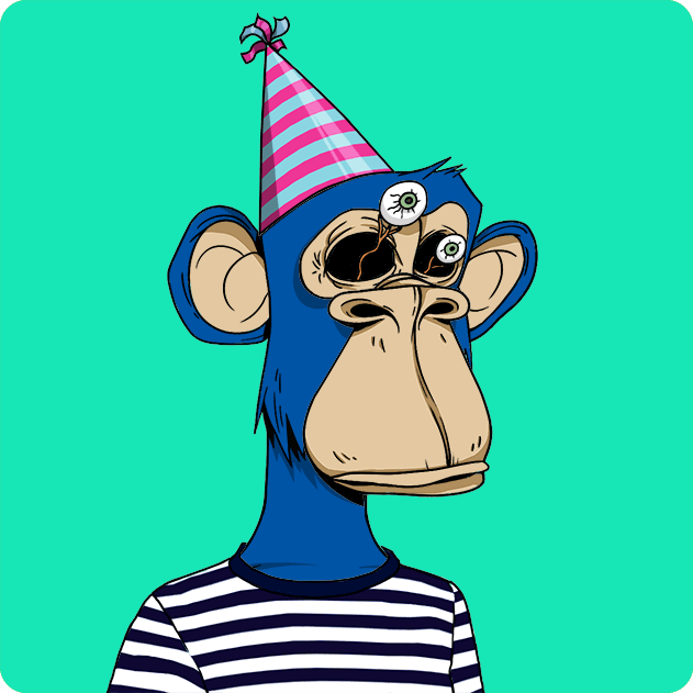 A cartoon blue ape wearing a striped shirt and a pink striped party hat, with mismatched eyes including one with a green iris and another appearing damaged, set against a teal background. This matches the Bored Ape Yacht Club NFT (#9521) referenced in the post, featuring the collection's signature ape character design.