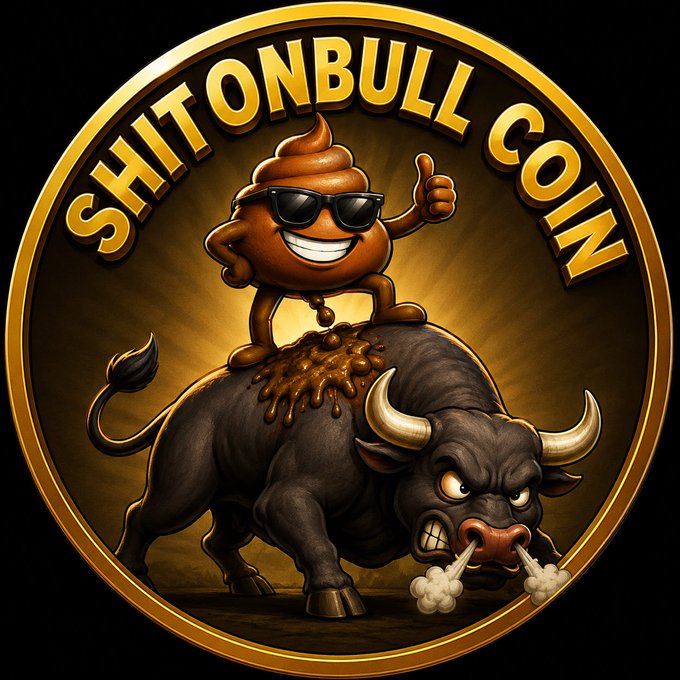 A coin design featuring a smiling poop emoji wearing sunglasses giving a thumbs up while riding a snorting bull, with text 'SHITONBULL COIN' around the border.