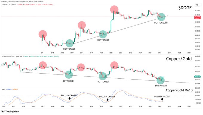 xtrp chart with red and green dots representing copper/gold, and a line graph showing the price trend of these assets over time.