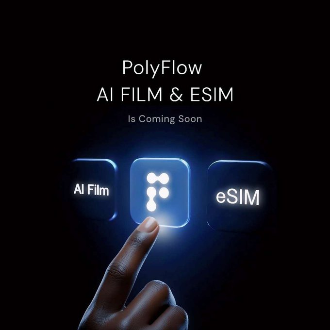 A promotional image for "PolyFlow" announces its upcoming "AI Film & ESIM" features, showing a finger tapping a central app icon flanked by "AI Film" and "eSIM" buttons against a dark background. The image highlights PolyFlow's tech-forward identity, contrasting with the post's discussion of crypto payment complexities that extend beyond simple on-chain transfers.
