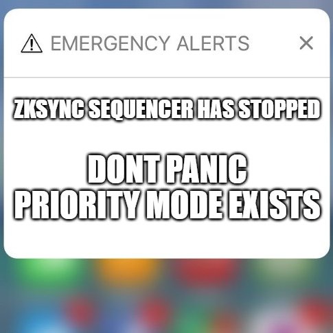 An iOS Emergency Alerts notification reading 'ZKSYNC SEQUENCER HAS STOPPED' with reassurance text 'DONT PANIC PRIORITY MODE EXISTS'.