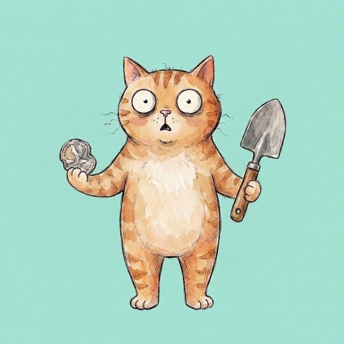 An illustration of a cartoon orange cat with wide eyes standing upright, holding a silver coin in one paw and a shovel in the other against a light teal background.