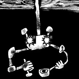 A black-and-white pixelated illustration of a small robot-like figure with star-shaped eyes holding a ring and a cup, hanging from a rope.