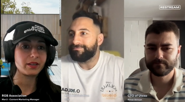 A three-person video call from Restream featuring Mari (Content Marketing Manager at RGB Association), an RGB Association representative, and Renat Skitsan (CTO of Utexo).