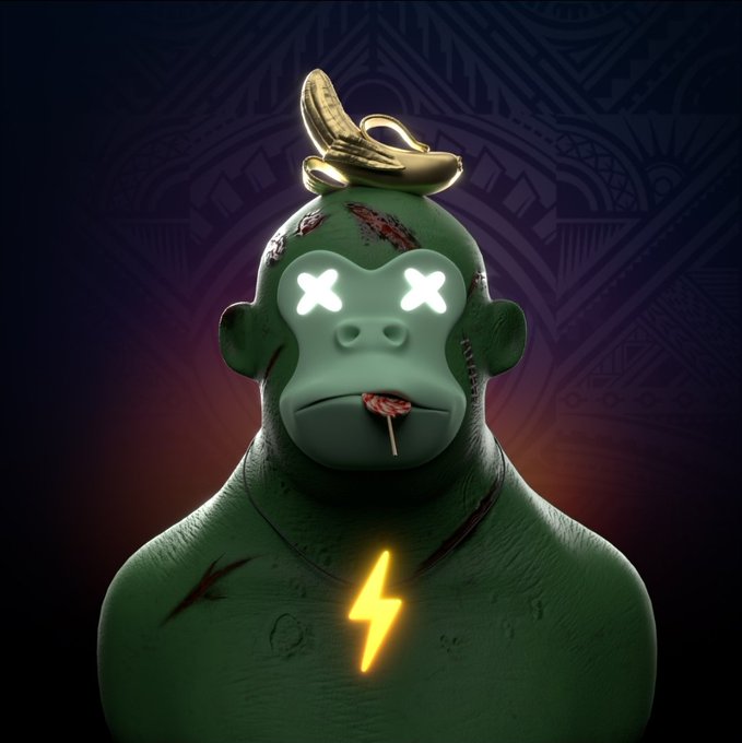 A 3D rendering of a battered green gorilla with glowing X-shaped eyes, a gold banana on its head, and a glowing yellow lightning bolt on its chest.