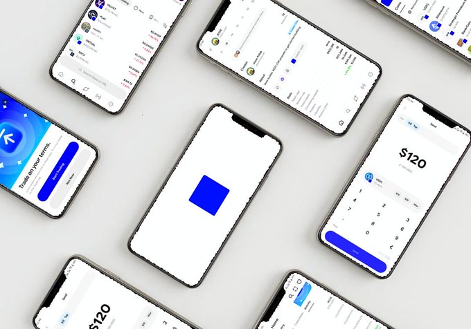 An overhead flat-lay of multiple smartphones displaying various screens of the Kraken crypto trading app, including portfolio views, market charts, a $120 transfer keypad, and a welcome screen stating "Trade on your terms." The image visually supports the post's message by showcasing how user-friendly and accessible crypto trading has become through simple, intuitive mobile interfaces that lower barriers for everyday users—not just crypto veterans.