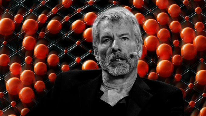 Michael Saylor appears in black and white against a backdrop of red atomic-style spheres, visually reinforcing his vocal opposition to BIP-110 and his continued championing of Bitcoin as illustrated by Strategy's tracker post.