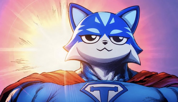 A comic-style illustration of a blue anthropomorphic dog character wearing a superhero costume with a cape and a 'T' emblem on its chest, set against a bright sunrise background.