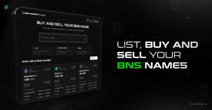 A dark-themed promotional image for a BNS Marketplace showing a tablet interface with "BUY AND SELL YOUR BNS" text and the tagline "LIST, BUY AND SELL YOUR BNS NAMES," with "bns.beidex.io" at the bottom right.