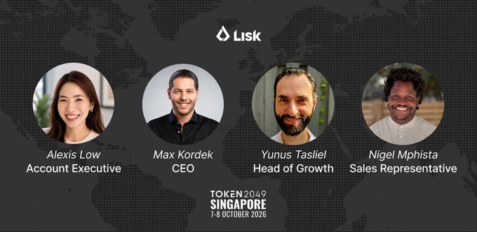 A Lisk promotional graphic for Token2049 Singapore (7-8 October 2026), featuring headshots of four team members: Alexis Low (Account Executive), Max Kordek (CEO), Yunus Tasliel (Head of Growth), and Nigel Mphista (Sales Representative).