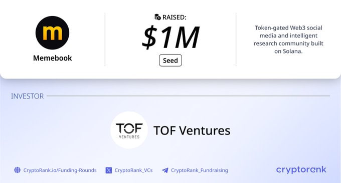 A CryptoRank funding announcement shows Memebook raised $1M in a Seed round from investor TOF Ventures, described as a token-gated Web3 social media platform on Solana.