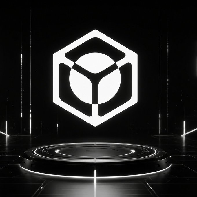 A glowing white hexagonal logo featuring a circular emblem with a three-pronged "Y" design floats above a circular futuristic podium set on a dark, grid-lit stage. The image complements the post by visually representing the @NucleusCodes reputation layer platform, with the geometric hexagon symbolizing structure and the spotlight on the central icon evoking visibility and recognition within the Web3 space.