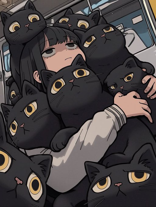 An anime-style girl with a weary, deadpan expression is completely swarmed by numerous identical black cats with wide yellow eyes inside what appears to be a subway car, as her arms are pinned down by their weight. The image humorously illustrates the post's point about enduring an overwhelming, burdensome situation—a perfect visual metaphor for the patience and tolerance NFT investors need during stagnant floor prices.