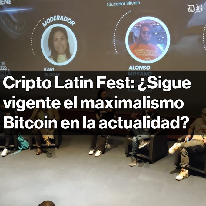 A panel discussion at Cripto Latin Fest with the headline 'Cripto Latin Fest: ¿Sigue vigente el maximalismo Bitcoin en la actualidad?' showing panelists Kari and Alonso Moyano on screen.