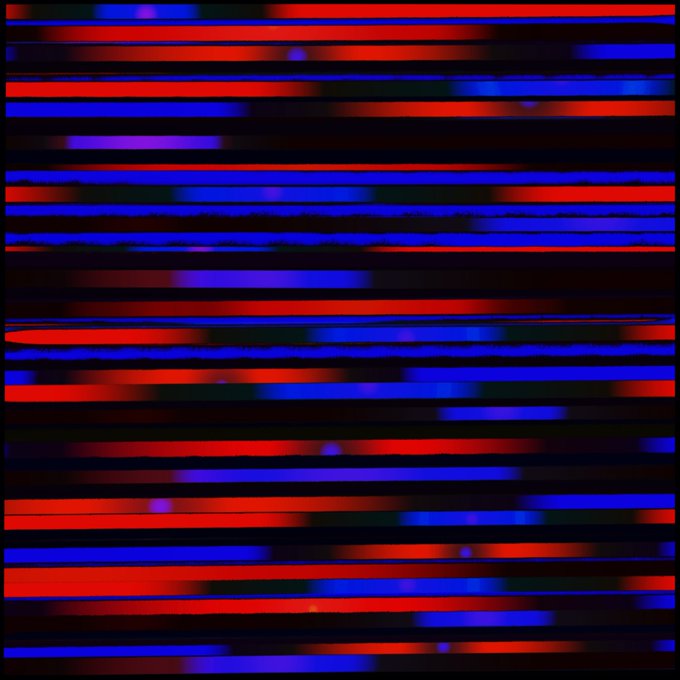 An abstract digital artwork featuring horizontal stripes of vibrant red, blue, and purple against a black background.