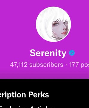 The image shows a purple background with a white logo for a social media account named "Serenity" that has been viewed by 47,112 subscribers. The post also mentions an article about a new release of a movie called "Cryption Perks".