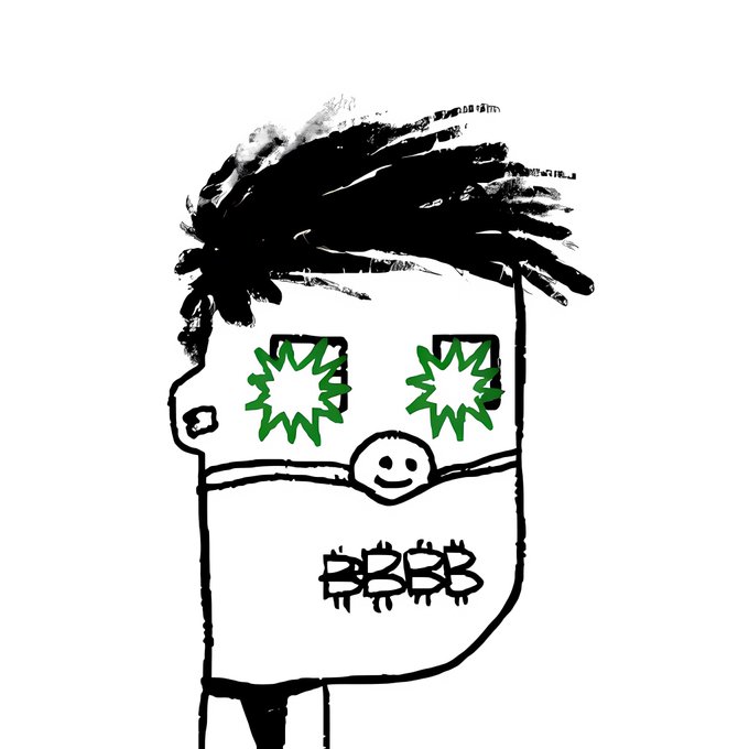 A simple hand-drawn cartoon of a face with messy black hair, green starburst eyes, a small smile, and the word 'BBBB' written on the lower portion.