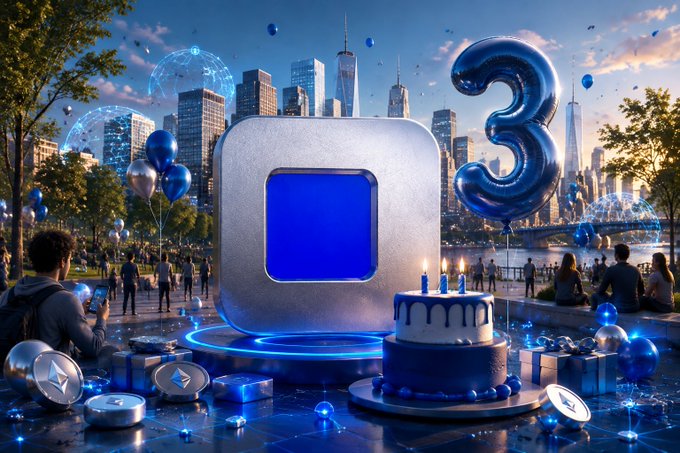 A futuristic cityscape celebration scene features a large metallic blue "3" balloon and a giant square emblem representing Base, accompanied by a birthday cake with candles and scattered cryptocurrency coins. The image visually commemorates Base's 3rd anniversary, aligning with the post's milestone celebration and highlighting the ecosystem's growth and onchain progress.