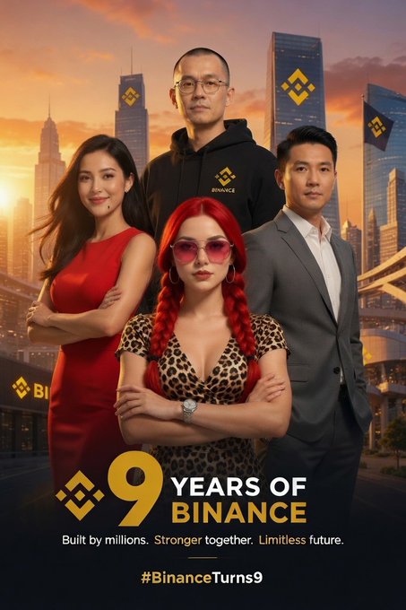 A promotional image celebrating Binance's 9th anniversary features four people standing confidently in front of skyscrapers adorned with Binance logos, with the bold text "9 YEARS OF BINANCE" and the tagline "Built by millions. Stronger together. Limitless future." along with the hashtag "#BinanceTurns9" at the bottom. The image directly matches the post's theme of commemorating Binance's 9-year milestone, visually reinforcing the celebratory message of community and growth.