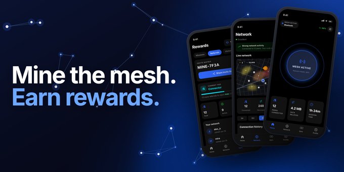 The image shows three smartphones displaying the MINE app interface with screens labeled "Rewards," "Network," and "Mesh Active," alongside the tagline "Mine the mesh. Earn rewards." on a dark blue background with network node graphics. This visual promotion ties directly to MINE's milestone announcement of 20,000 monthly active users and nearly 25,770 Seeker Summer quest completions with Solana Mobile.