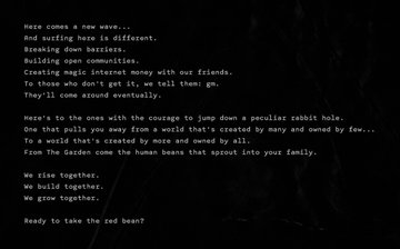The image displays white text on a black background featuring a manifesto-style passage that references "rabbit hole," "Azuki's Garden," and being "Ready to take the red bean?"—language and themes directly tied to the post about writing fan fiction in the Azuki NFT universe and its shared world co-creation concept.