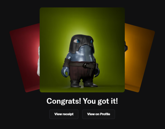 A screenshot showing a 3D character item reward in a game, featuring a small knight-like figure with a blue helmet, with the text 'Congrats! You got it!' and buttons to 'View receipt' or 'View on Profile'.