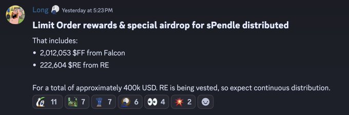 A Discord message from "Long" announces the distribution of limit order rewards and a special airdrop for sPendle, including 2,012,053 $FF from Falcon and 222,604 $RE from RE, totaling approximately 400k USD with RE being vested for continuous distribution. This supports the accompanying post's claim that holding sPENDLE ensures users don't miss out on airdrops.