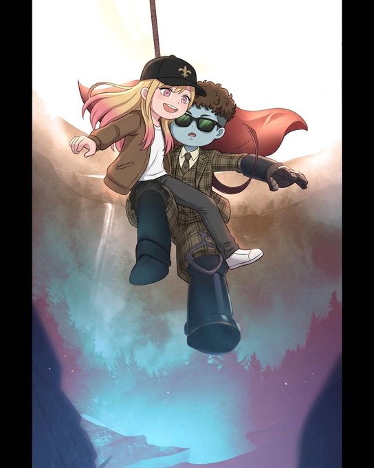 Two animated characters—a blonde girl in a black cap with a pink streak and a blue-skinned boy wearing sunglasses and a plaid suit with a red cape—ride a giant metal bell like a swing, dangling above a misty abyss with a waterfall far below, perfectly capturing the adventurous "explore the abyss" theme.