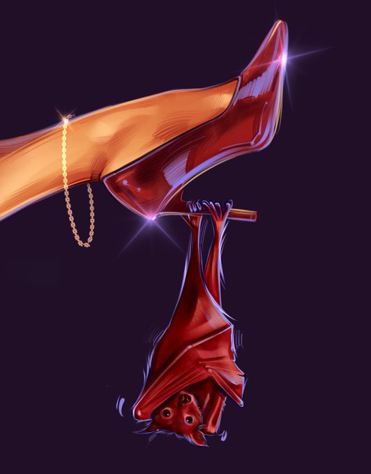 A vibrant digital illustration showing a shiny red bat hanging upside down from a golden horn or megaphone adorned with a beaded chain, set against a dark purple background.
