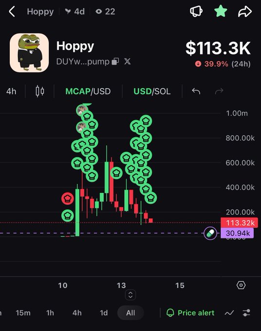 A crypto chart for the token 'Hoppy' showing a price of $113.3K with a 39.9% drop in 24 hours, marked with Pepe the Frog icons.