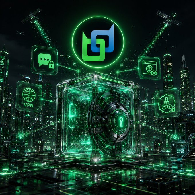 A futuristic digital vault floats above a neon-lit cybercity, encircled by glowing green icons depicting a chat bubble with a padlock, a "VPN" globe, and secure network symbols, with the Beldex logo prominently displayed in the center. The imagery visually reinforces the post's message about BelNet's privacy-first approach, presenting encrypted communication as a fortified vault rather than a simple browser-based service.