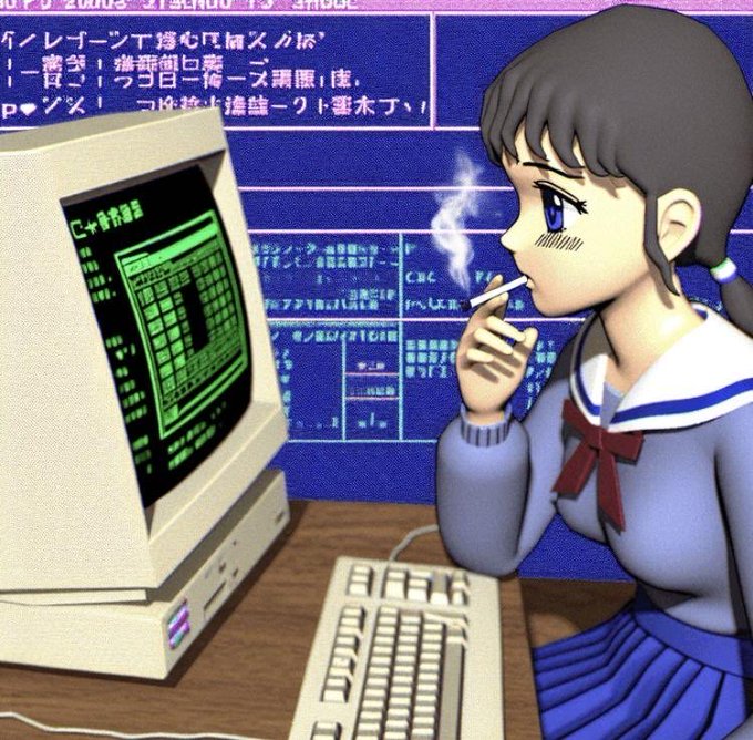 A retro anime-style illustration of a schoolgirl with a ponytail smoking a cigarette while looking at a vintage CRT computer displaying a green text-based program, with Japanese text visible in the background.