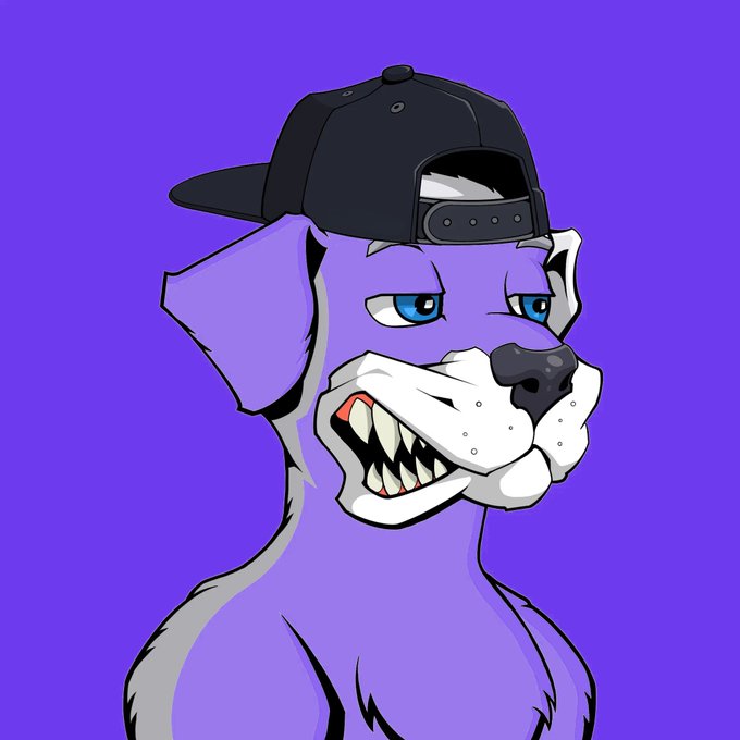 The image shows a stylized purple cartoon dog with sharp teeth, wearing a backwards black cap, against a purple background—matching the "Dogs" theme of the post, which introduces a free NFT mint on the Ink chain with a 222 supply, requiring RT and wallet submission to join the waitlist.