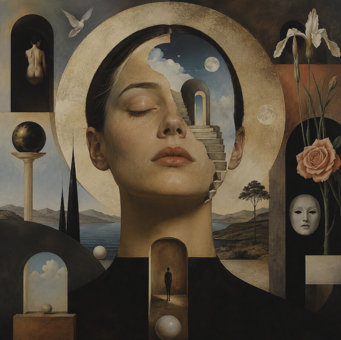 A surreal digital artwork featuring a woman's face with closed eyes, surrounded by dreamlike elements including a staircase, moon, dove, and floating spheres.