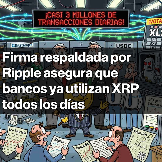The image features a cartoon scene of people gathered around a table with papers scattered about them. The main focus is on two men standing at the center, surrounded by other individuals who appear to be engaged in conversation or observing something happening nearby. There are also some books and a cup visible in the scene. The post includes text that reads "¡Nuevos datos sobre XRP y su adopción bancaria! Evernorth, respaldada por Ripple, Kraken y otros, asegura que bancos ya utilizan XRP a diario". This suggests that the image is related to an advertisement or promotional material for Ripple cryptocurrency.