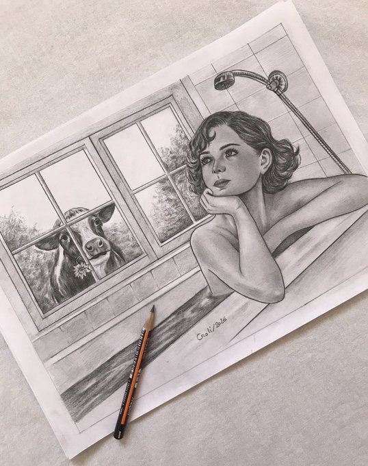 A detailed black and white pencil drawing of a young woman with curly hair leaning on a bathtub edge, with a cow wearing a flower behind her looking through a paned window, signed 'Gawli 2026' with a pencil resting on the artwork.