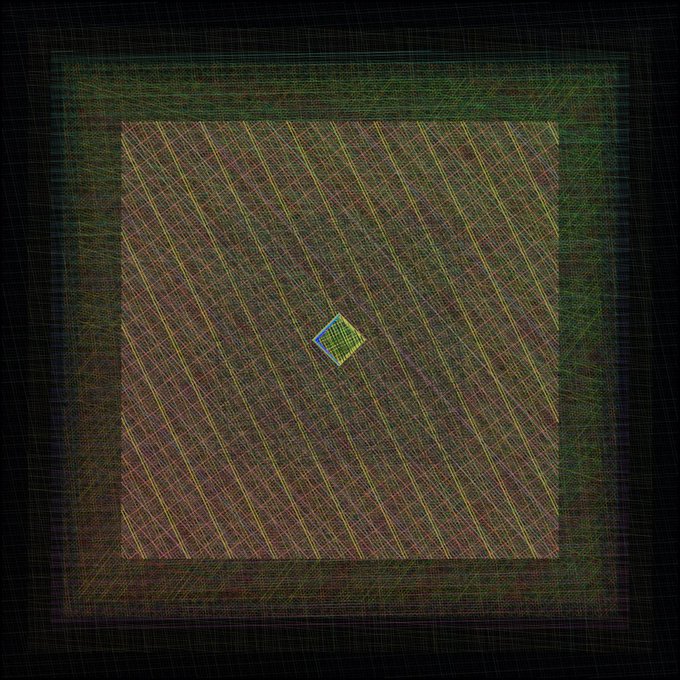 An abstract geometric digital artwork featuring diagonal yellow lines crisscrossing against a dark green and black background, with a small diamond shape in the center, possibly an NFT piece.
