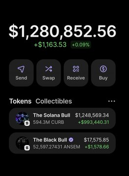The image shows a crypto wallet displaying a balance of $1,280,852.56 (+$1,163.53), with "The Solana Bull" token ($CURB) as the top holding at $1,248,569.34 (up +$993,440.31). This aligns with the post's bullish sentiment on $CURB, visually emphasizing the significant gains in the Solana Bull token within the portfolio.