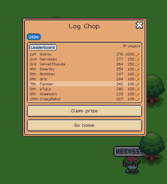 A screenshot from the game "Sunflower Land" showing a "Log Chop" leaderboard (labeled "24m") with the top player "Leaderboard" scoring 1000 chops, followed by 9 other players like "Bullvox," "Nervess," and "Farmer" with scores ranging from 227-278, and a "HERUS55" character visible in the bottom right. This relates to the post by highlighting the "Chop Trees" minigame that was tested during the recent Weekly Dev Chat on Discord.