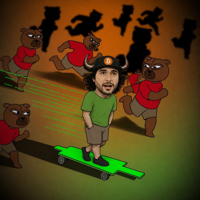 A cartoon illustration of a man wearing a green shirt, shorts, and a Bitcoin logo hat with horns, riding a green skateboard while being chased by cartoon bears in red shirts.