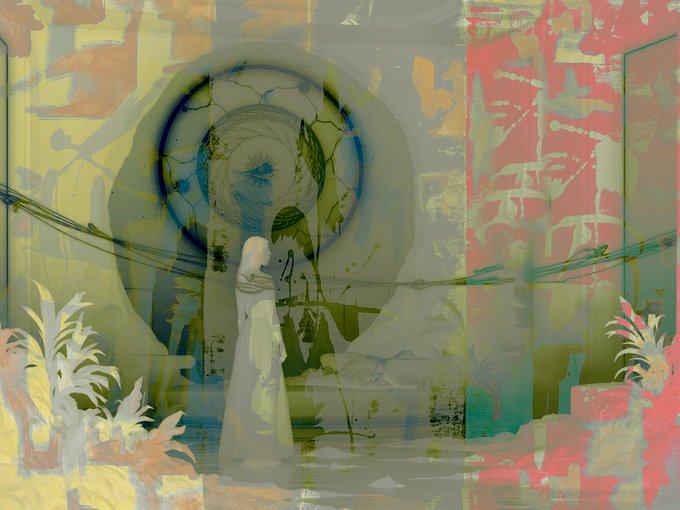 An abstract mixed-media painting depicting a figure in white standing before a large blue circular form resembling an eye, set against a textured background of greens, yellows, and reds.