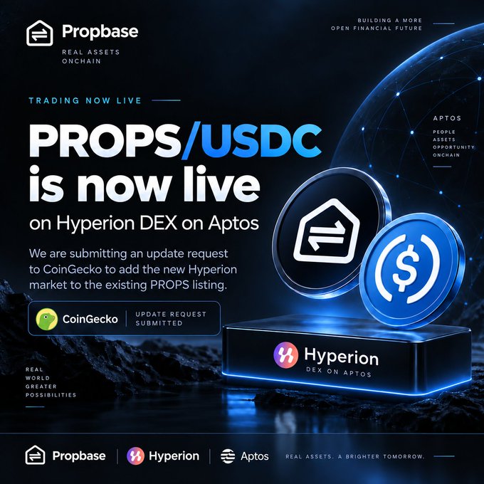 Promotional graphic announcing that PROPS/USDC trading is now live on Hyperion DEX on Aptos, featuring 3D-rendered token coins and a "CoinGecko Update Request Submitted" badge, which visually reinforces the post's announcement about the new market being live and submitted to CoinGecko for tracking.