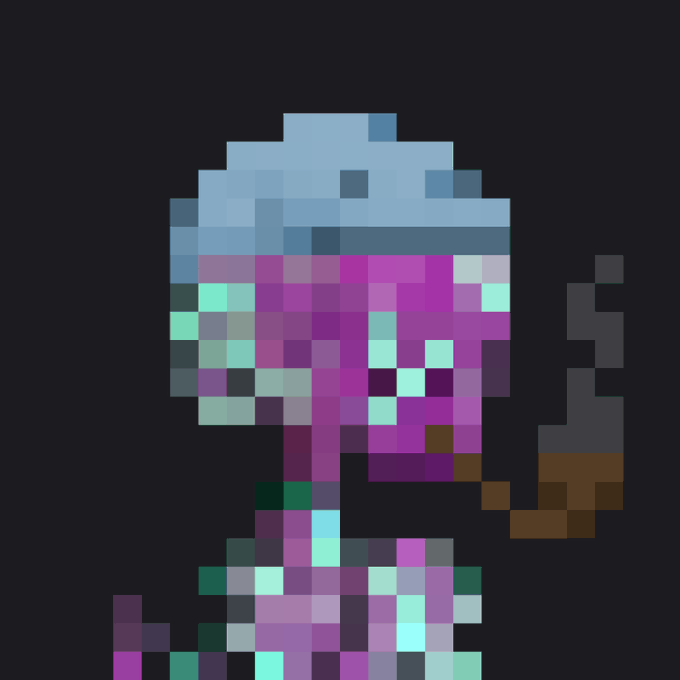 A pixel art character wearing a blue helmet with a pink visor and gray armor against a dark gray background.