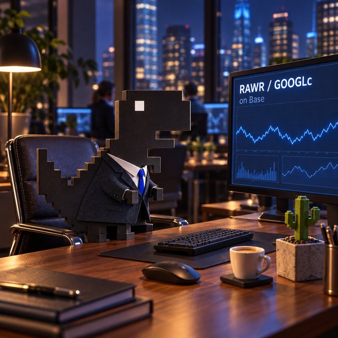 An AI-generated pixel art dinosaur in a business suit sits at an office desk, with a monitor displaying 'RAWR / GOOGLC on Base' and a falling price chart.