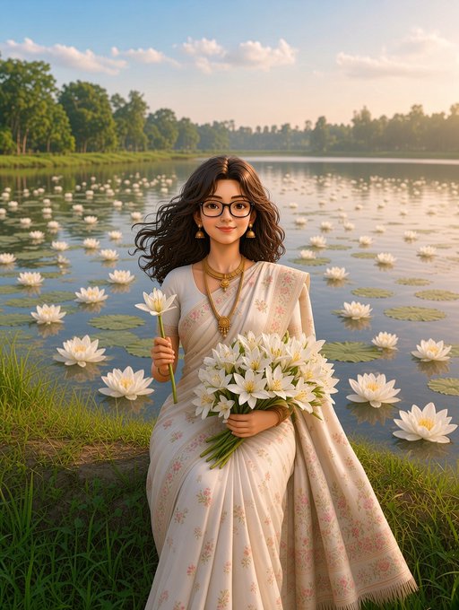An illustrated woman in a floral saree and glasses holds a bouquet of white lotus flowers beside a lake filled with blooming lotuses.