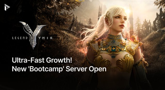 A promotional banner for the video game 'Legend of Ymir' showing an elven female character in ornate gold armor, advertising an 'Ultra-Fast Growth! New Bootcamp Server Open'.
