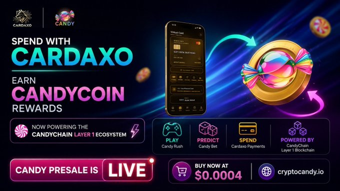 The image features a poster for Cardaxo's CandyCoin token launch, which is an online gaming currency platform that allows users to purchase virtual items with real money. The poster includes a cell phone displaying the CandyCoin rewards system, as well as a gold coin and a candy cane. The text on the poster encourages people to spend with Cardaxo and earn CandyCoin rewards by participating in Candy Coin's gaming ecosystem.