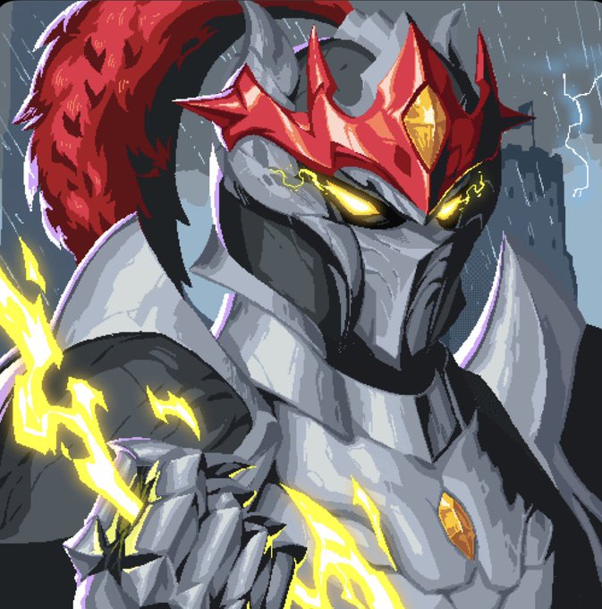 A digital illustration depicts an armored knight with a red spiked helmet, glowing yellow eyes, and a red plume, wielding a glowing yellow sword.